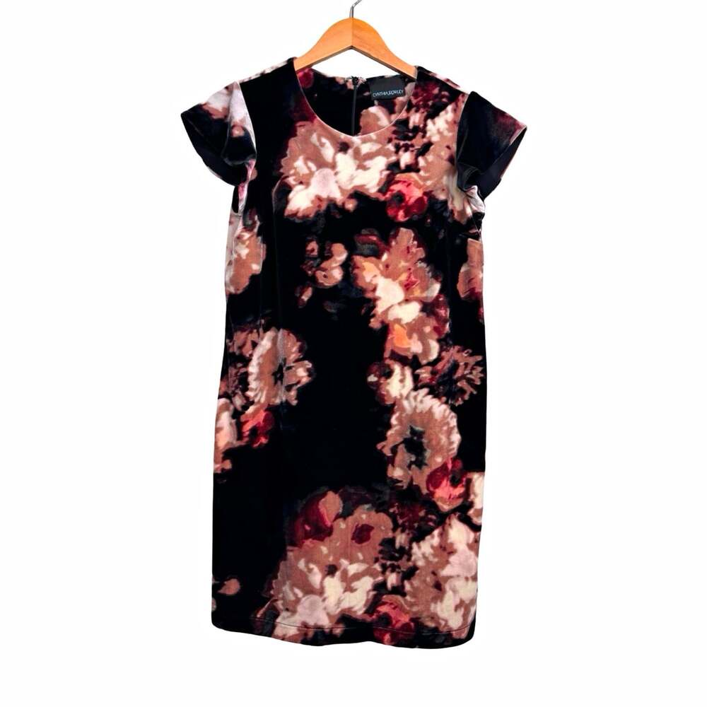Cynthia Rowley Black Floral Velvet Shift Dress Round Neck Cap Sleeve Zip Size S
